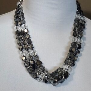 Coldwater Creek Faceted Black Gray Clear Bead Statement Necklace Multi Strand